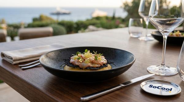 Carpaccio de gamba roja de Sóller, un plato de menú degustación fine dining emplatado artísticamente por un chef privado de SoCool en Mallorca.